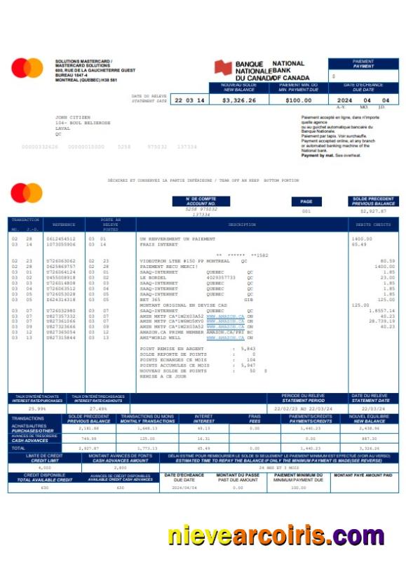 Canada National bank of Canada bank statement Word and PDF